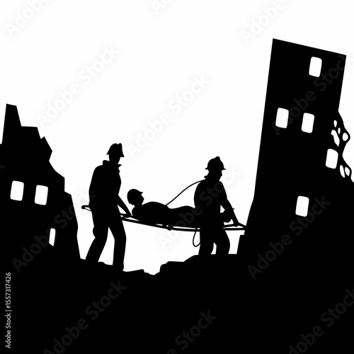 Rescue workers carrying injured person on stretcher from collapsed building silhouette scene disaster area