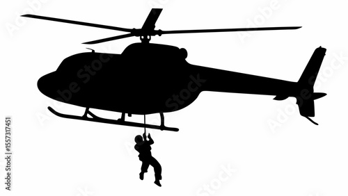 Silhouette of a helicopter with a person hanging from a rope below in black and white design view