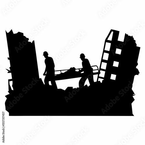Silhouette of rescue workers carrying a person on a stretcher amidst building ruins after disaster