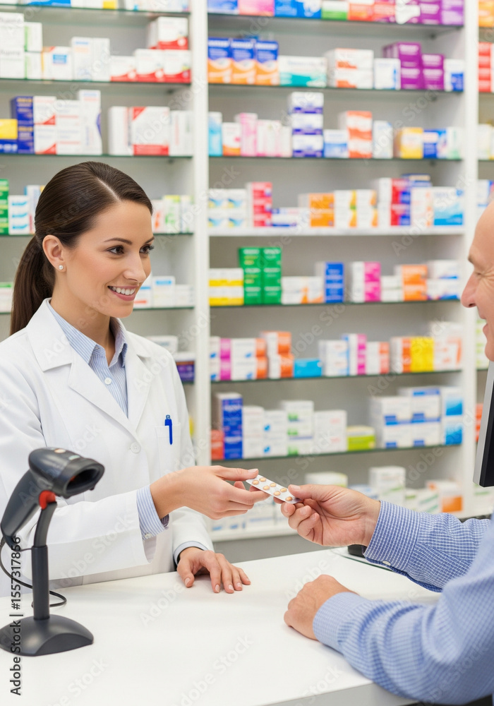 Obraz premium A pharmacist hands medication to a customer in a brightly lit pharmacy setting.