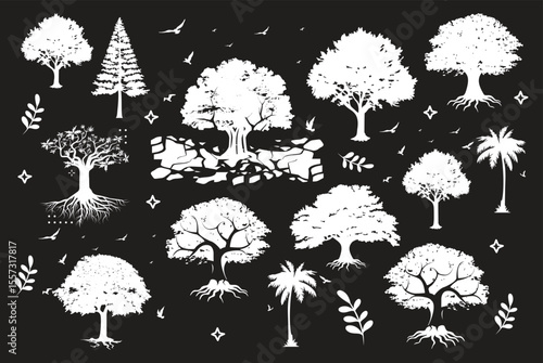 Various tree vectors. Forest and nature concept. Collection of different tree symbols. Education and training poster design. Vector drawn for plant and tree presentation.