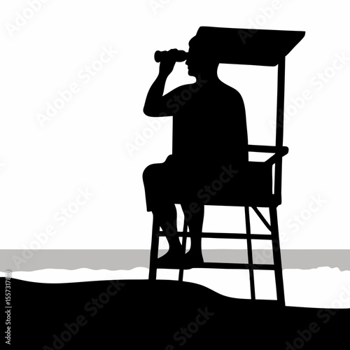 Silhouette of a lifeguard sitting on a high chair looking through binoculars on the beach scenery near water