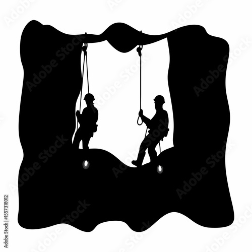 Silhouette of two spelunkers rappelling down into a dark cave with ropes and safety helmets shown