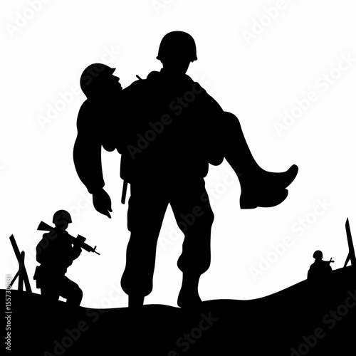Silhouette of soldier carrying injured comrade with fellow soldiers on the battlefield scene in black and white