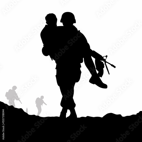 Silhouette of a soldier carrying a wounded comrade with other soldiers in the background on a hill