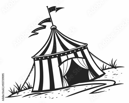 Vector illustration of a classic circus tent with flags and detailed decorations