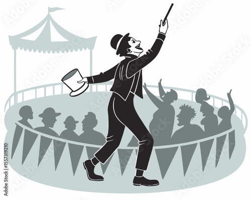 Vintage circus performer engaging the audience with a classic top hat and wand