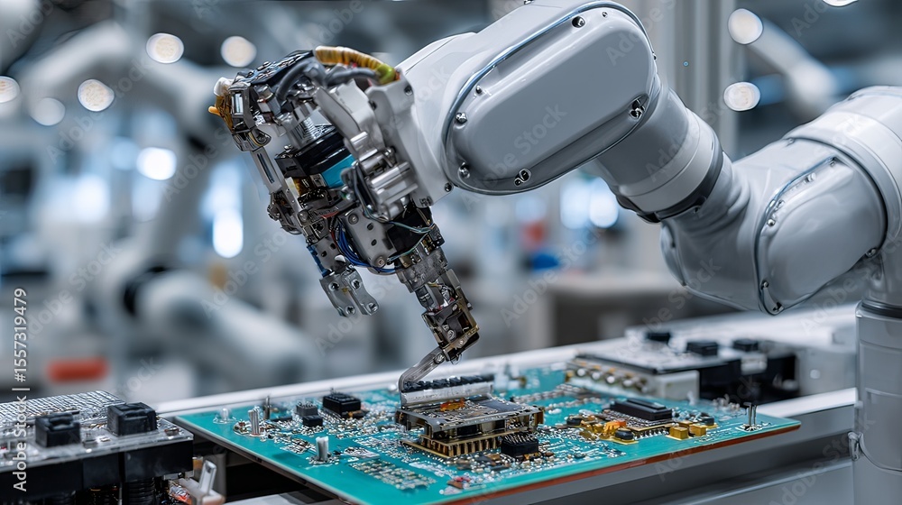 Fototapeta premium robotic arm assembling electronics in clean factory 