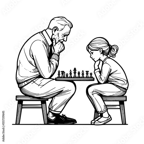 Grandfather and granddaughter playing chess together black and white line art illustration