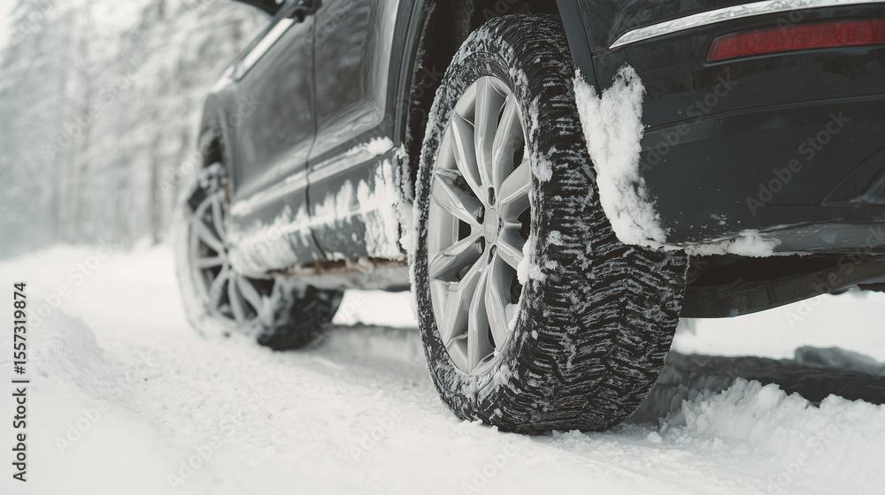 Fototapeta premium Black car winter tires on snow covered road provide safe traction and control, enhancing vehicle stability during icy and snowy conditions in cold weather driving environment.