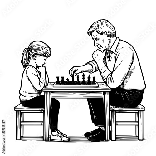 Father and daughter playing chess together black and white line art illustration