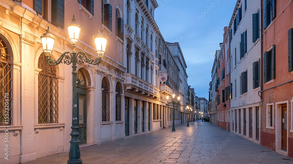 Naklejka premium Venetian street lamps illuminate cobblestone pathway at dusk venice