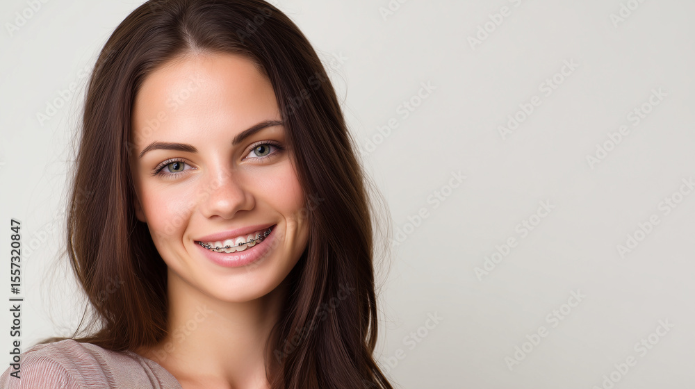 Smiling woman with braces showing happiness wearing casual clothes with long brown hair and natural makeup on light background in bright daylight Smiling woman with braces showing happiness wearing casual clothes with long brown hair and natural makeup on light background in bright daylight