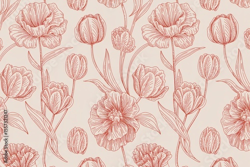 Fototapeta Naklejka Na Ścianę i Meble -  Seamless vintage floral pattern with hand drawn peonies and tulips, elegant botanical line art design.