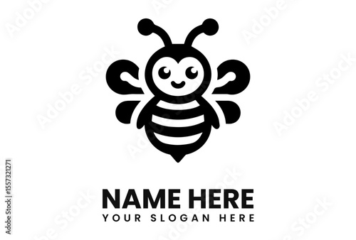 Adorable cartoon bee logo design, black and white, simple style.
