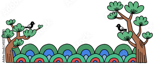 전통 소나무와 까치가 있는 한국 민화 스타일 프레임 일러스트