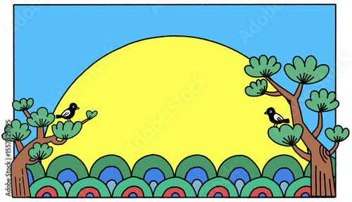 전통 민화 해와 소나무 까치 배경 일러스트