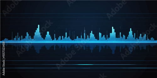 Abstract blue soundwave and stock market graph illustration with a technological city backdrop