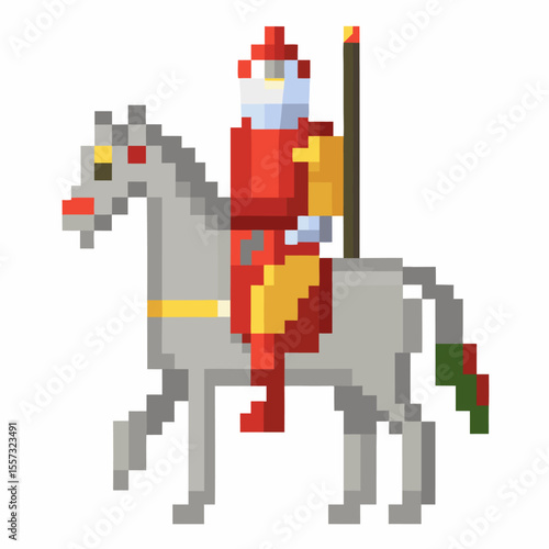 Pixel Art Knight on Horseback in Medieval Armor Riding a Warrior Steed