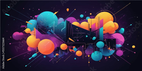 Abstract music background with colorful glowing disco lights, stars, and musical notes perfect for a vibrant party design illustration