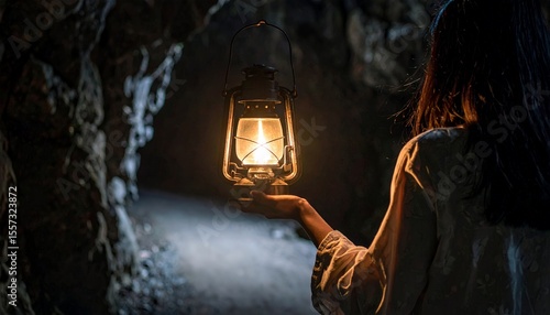 A woman holding a glowing lantern illuminates a dark cave, revealing the rough textured rock walls and the path ahead, creating an atmosphere of mystery.