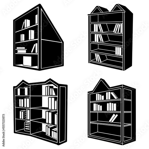 Four desk setups with computers and storage in different styles in black and white illustration