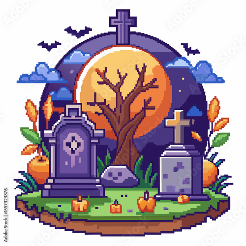 Pixel Art Graveyard with Tombstones, Full Moon, and Pumpkins   Halloween Background