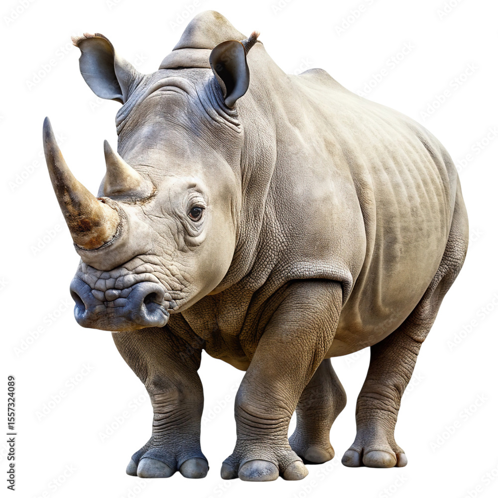 Fototapeta premium A majestic white rhinoceros stands powerfully with its iconic horn and thick skin detailed against a transparent background isolated on transparent background