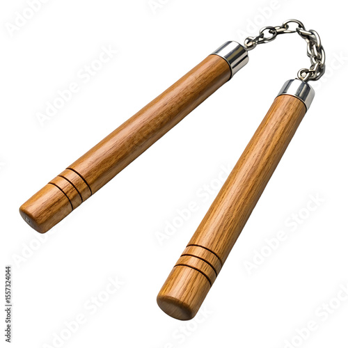 Traditional wooden nunchaku with metal chain and silver caps isolated on transparent background