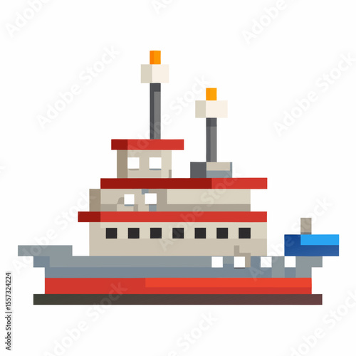 Pixel Art Tugboat Icon   Retro Videogame Style Maritime Transportation Symbol