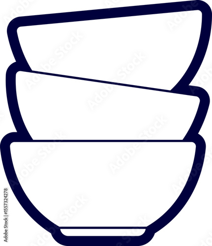 vector illustration of an empty bowls. Three bowls are stacked on a white background. The bowls are cylindrical with slightly curved sides. 
