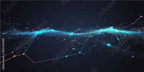 Abstract blue digital space with glowing particles and energetic light beams
