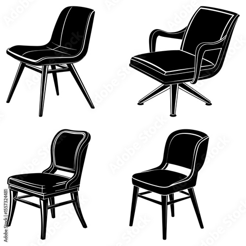 Four dresser silhouettes with varying styles and drawer configurations in a black and white image