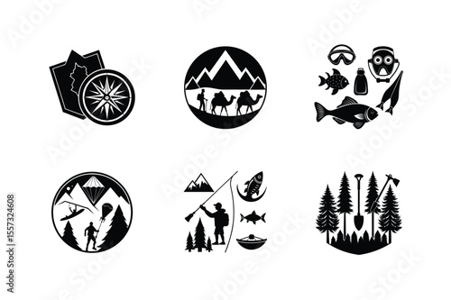 Collection set of black and white adventure and outdoor activity iconography designs