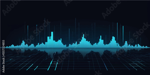 Blue technology background with abstract sound wave, music equalizer, and digital audio waveform for business and financial data display