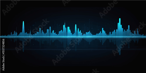 Blue sound wave on a digital equalizer background illustrates music technology with light and frequency lines