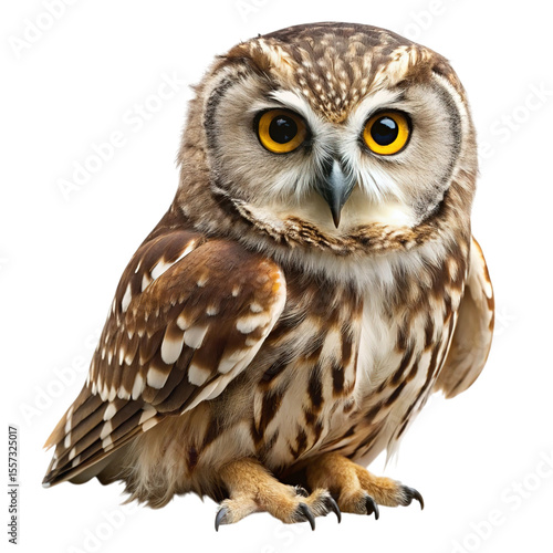 A detailed portrait of a northern saw whet owl with striking yellow eyes perched on an unseen surface isolated on transparent background