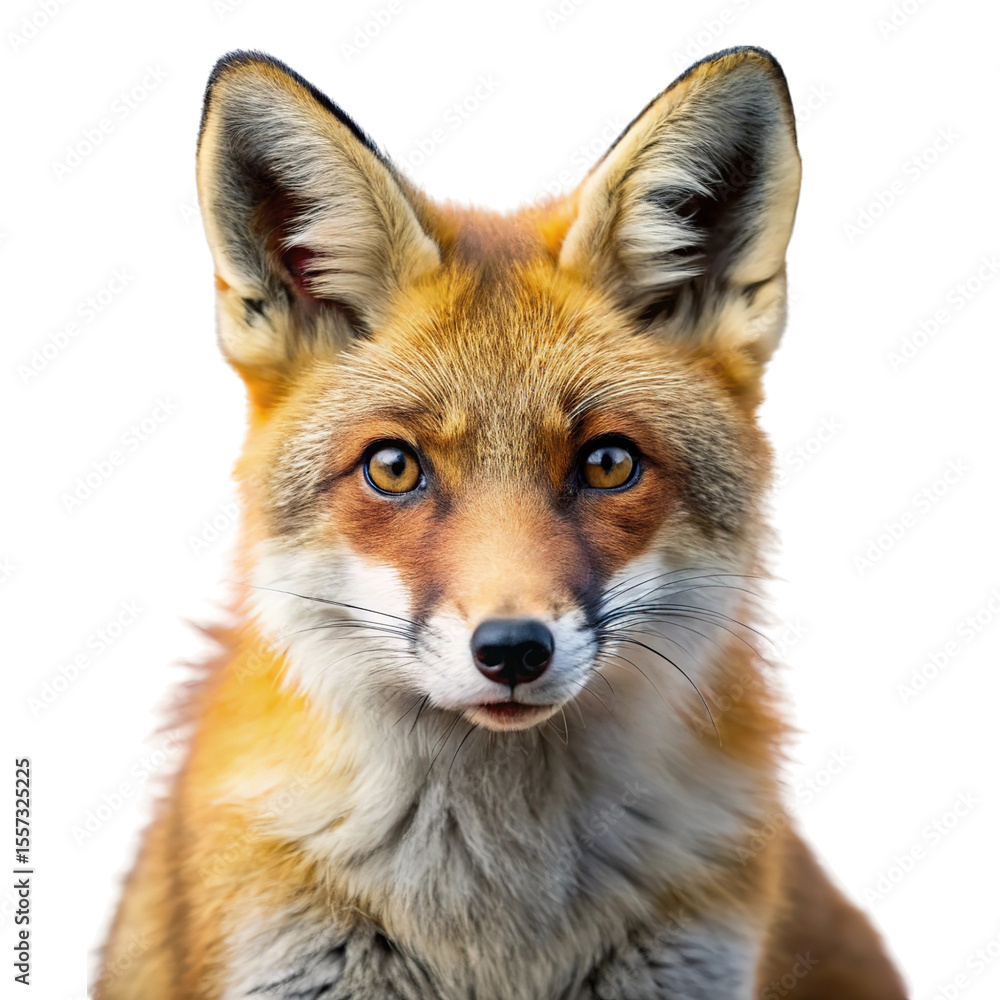 Fototapeta premium Close up portrait of a wild red fox with striking amber eyes and alert ears isolated on transparent background