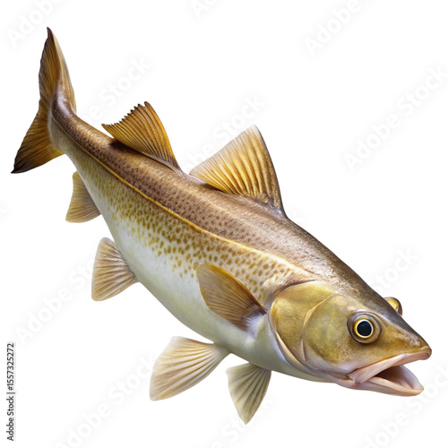 A detailed close up of a fresh atlantic cod fish swimming with its mouth open isolated on transparent background