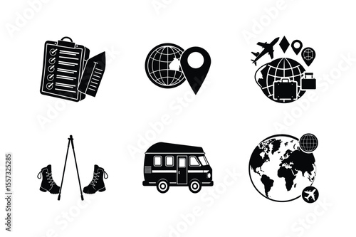 Collection set of black and white travel themed icons for vacation and adventure