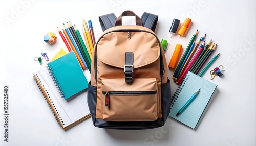 Overhead shot of a tan backpack surrounded by various school supplies including pencils, notebooks, erasers, and paper clips on a white background