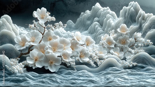 White blossoms nestled amongst stylized, flowing waves.