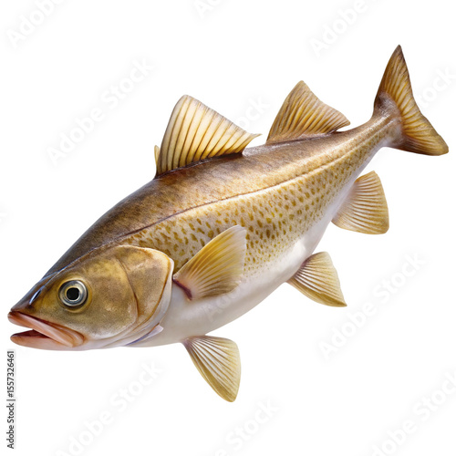 A detailed studio shot of a whole raw cod fish with golden fins and speckled skin isolated on transparent background