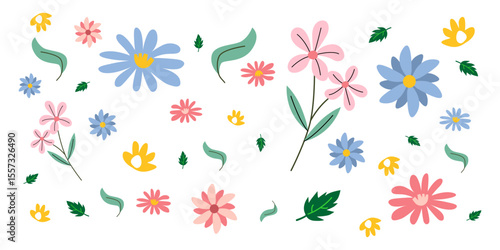 Set floral of wildflower color, leaf branch, 
foliage on white background. Hand drawn blossom illustration for decor, easter, sticker, clipart, print. vector eps 
