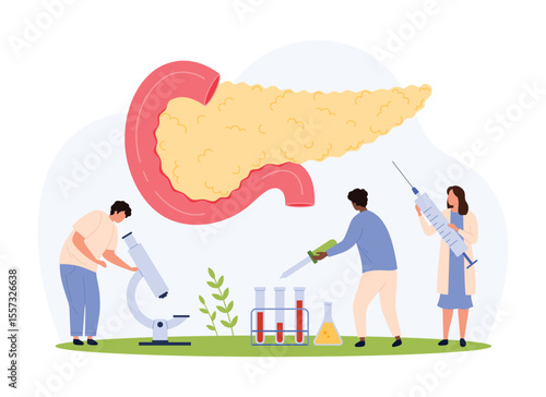 Pancreas health, chronic diseases vector illustration. Cartoon tiny people check endocrine gland for pancreatic cancer, pancreatitis or diabetes, examine medical tests of patient with microscope