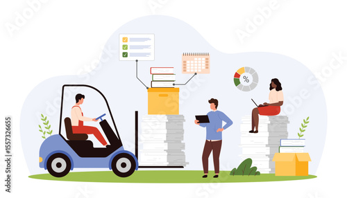 Bureaucracy, information storage and office paperwork. Tiny people carrying stack of documents and folders with forklift, research unorganized pages and bigdata chaos cartoon vector illustration