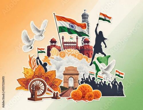 India Independence Day Collage Art, Vintage Cut-Out Magazine Style with Indian Flag, Doves, Red Fort & Cultural Symbols for Editorial & Educational Use