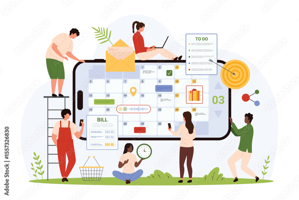 Planning, daily work tasks management in mobile app. Tiny people manage to do list options and voice messages, bills and emails using planner interface on phone screen cartoon vector illustration Planning, daily work tasks management in mobile app. Tiny people manage to do list options and voice messages, bills and emails using planner interface on phone screen cartoon vector illustration