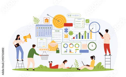 Planning, administration and workflow management. Tiny busy people with magnifying glass and megaphone working with online documents to organize and plan work tasks cartoon vector illustration