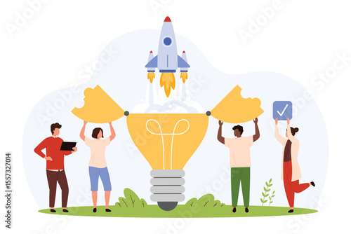 Startup innovation implementation by entrepreneurs. Tiny people support rocket launch from open light bulb, investors boost new project with money energy of capital cartoon vector illustration